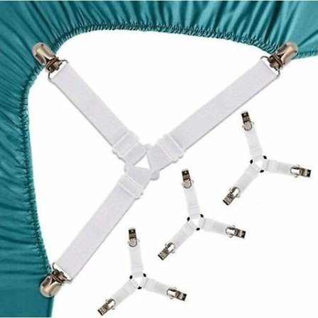 Hvite 4 stk. lakenstropper, formsydd lakenstrammer, trekantet elastisk madrassklips, justerbar lakenstrammer, madrassstropp