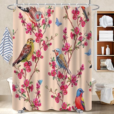 Vandtæt bruseforhæng i polyesterstof, 180x180cm bondegård tropiske fugle og blomster badeværelsesgardin til hjørnebrusekabiner