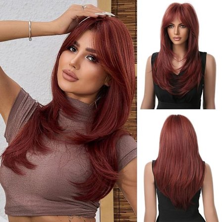 Lang rett vinrød parykk for kvinner syntetisk lagdelt burgunder syntetisk hårparykk med frynser for daglig fest cosplay bruk-24 tommer