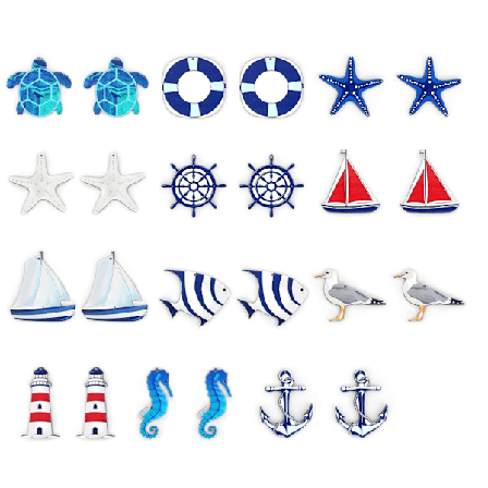 24 stk. Maritime anheng, nautisk dekor, maritimt dekorasjonssett, sjøstjerne, båt, anker, fyr, fisk, kokosnøttre kompatibel med mini fiskegarn, vegg