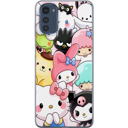 Kompatibelt Mobildeksel til Motorola Moto E32s Tett mønster av søte figurer med store øyne i ulike farger og uttrykk med LABUBU-tekst