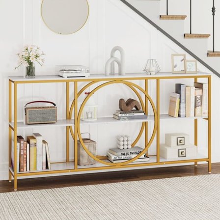 COSTWAY Konsolbord XXL - 3 Niveauer 180 x 30 x 90 cm (L x B x H) Marmor Effekt Guld Metalram