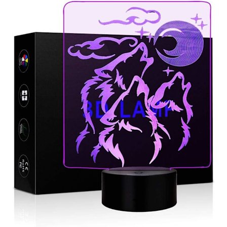 3D Illusionslampe Dyr Ulv Nattlys Berøringsbord Skrivebordslamper 7 Farge Skiftende LED Lys Dyrefigur Bordlampe Barnerom Tema Dekorasjon