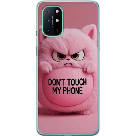 Kompatibel Mobilcover til OnePlus 8T Vred pink fluffy kat med teksten "Rør ikke min telefon", et humoristisk beskyttelsesmotiv som passer til alle mob