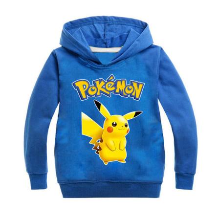 Tegneserie Pikachu Langermet hettegenser for barn Pullover Jumper Topper blue 130cm