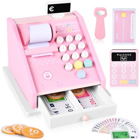 Lasten kassakone, puinen kassakone skanneritarvikkeilla ja leikkirahalla, kassakone