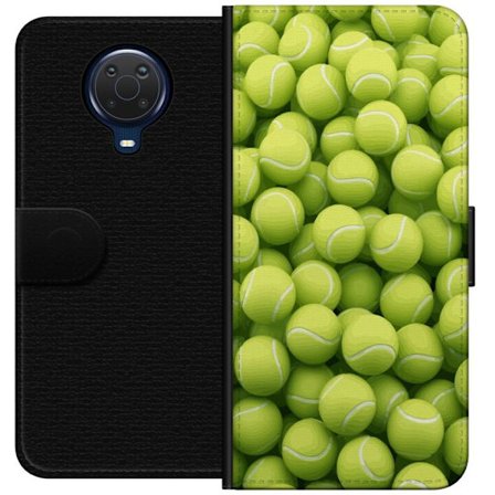 Yhteensopiva Lompakkokotelo Nokia Nokia G20 Vihreiden tennispallojen kuvio korkealla tarkkuudella, urheilullinen motiivi toistettavalla tekstuurilla j