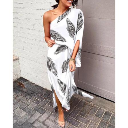 Plant Print Sommarklänningar Dam One Shoulder Boho Casual Long