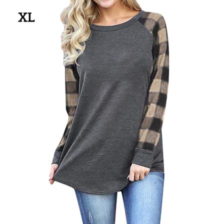 Dam T-shirt Rundhalsad Långärmad Splicing Rutig Casual Topp,
