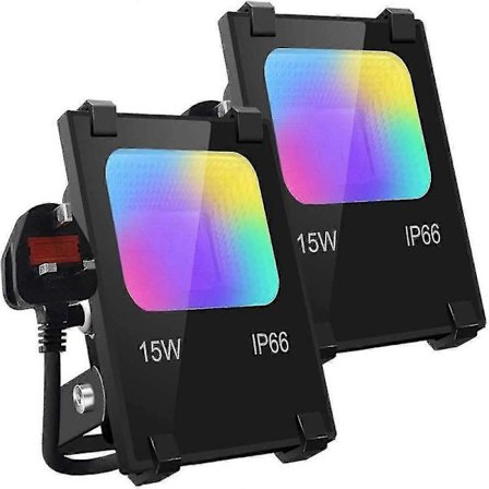 LED-projektør til udendørs brug, 15W Bluetooth Smart App-styring, farveskiftende RGB 100W svarende til IP66, 3-benet stik, 2-pak