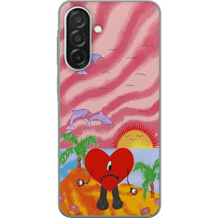 Kompatibel Mobilcover til Samsung Galaxy A26 Bad Bunny i en farverig quiltet jakke med hjertemønster og solbriller i moderne gade stil