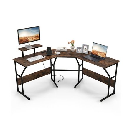 COSTWAY L-formet hjørneskrivebord med stikkontakter til 2 personer, aftageligt skærmstativ, brun