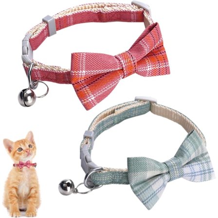Katt Halsband - 2 ST Katt Halsband med Bjällra och Fluga, Snabbspänne Säkerhetshalsband för Kattunge och Katt, Justerbar 22-29 cm Mjuk