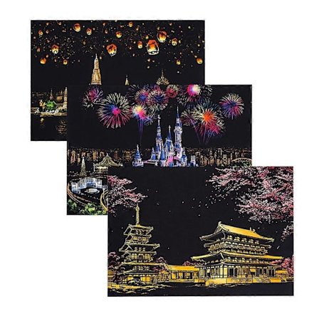 3 stk. Store By Natt Skrapebilde Nattutsikt Skrapemaleri Verdens Sightseeing Bilde DIY Håndverk Bursdagsgave (Drømmeslott/Japansk Kirsebærbl