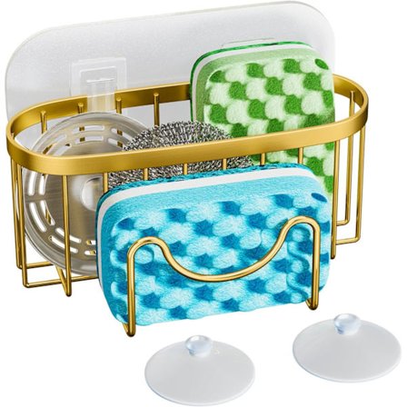 Opvaskebakkeholder, M-formet Svampeholder til Vask, Rustfri Vaskearrangør til Svampebørste Vaskeprop, med 2 Fæstepuder Guld