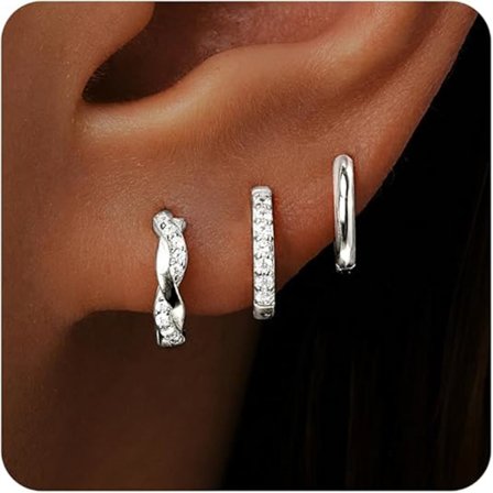 Øreringesæt til kvinder, Delikate Petite Sterling Sølv Stabelbare Øreringe, Hypoallergeniske Smykker, Velegnet til Flere Huller, 3 Par