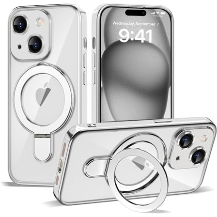 iPhone 15 Plus Skal med Osynlig Magnetisk Ringstativ [Kompatibel med MagSafe] [Fullständigt Kameralinsskydd] Pläterad Klar för iP
