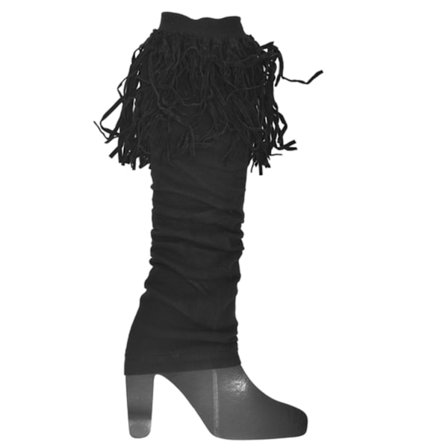 Sorte leggvarmere med skinnfrynser