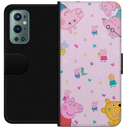 Kompatibel Tegnebogsetui til OnePlus 9 Pro Peppa Gris med en baby i armene, morgris motiv i farverig og blød børneillustration med hjerter