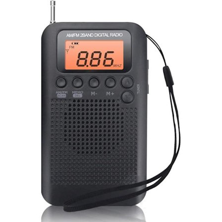 Bärbar Radio Mini Pocket Radio med högtalare FM/AM Digital Stereo DSP-mottagare med väckarklocka och timer, personlig radio med hörlurar, svart