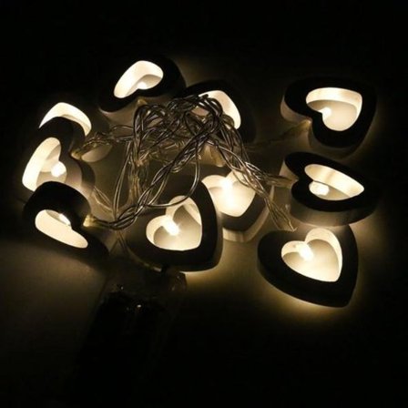 LED-hjerte i tre, fe-lys, batteridrevet (varmt hvitt lys)