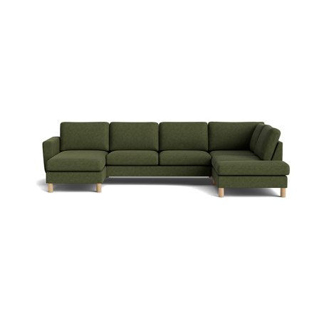 Haven U-sofa, venstrevendt, Aragon Grøn - Slidstærk Grøn U-Sofa med egeben - 327x206x86cm - Komfortabel Sofa i høj kvalitet til Stuen