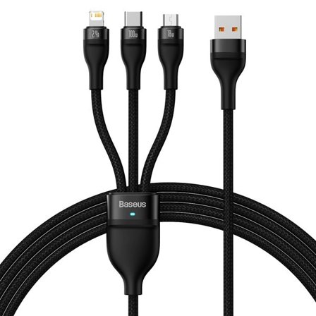Baseus Flash Series II-kabel USB - USB Type C / Lightning / micro USB 100 W 1,2 m svart (CASS030001)