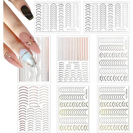 Tilfeldig mønster, 6 ark stripete negleklistremerker, 3D-striper