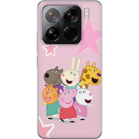 Yhteensopiva Puhelinkuori Xiaomi 15 Pro Peppa Possu ja ystävät kerääntyneinä tähtien kanssa vaaleanpunaisella taustalla, värikäs lasten kuvitu
