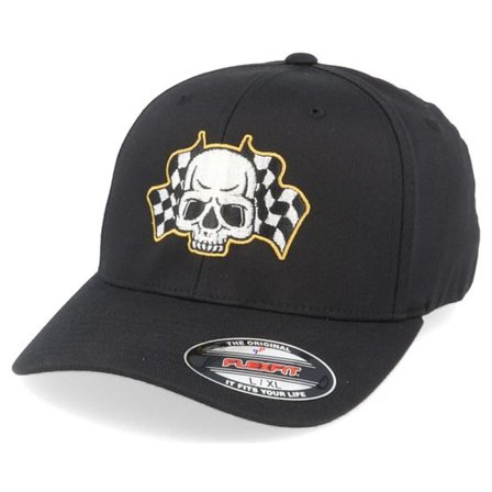 Born To Ride - Svart flexfit Keps - Racing Flags Skull Black Flexfit @ Hatstore
