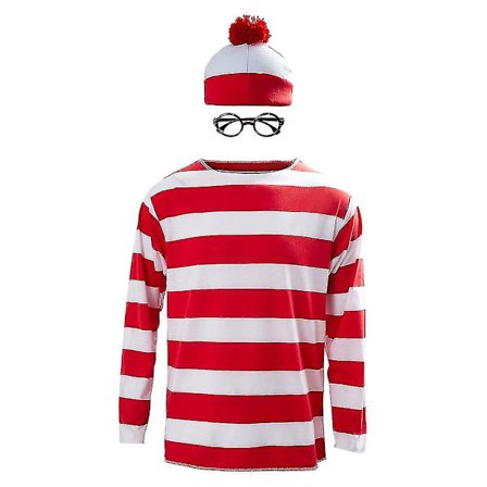 Rød og hvit stripet cosplay-kostyme for voksne - Hvor er Waldo nå T-skjorte, genser, lue og briller (FMY)
