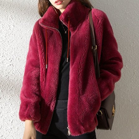 Dame Fleece Fluffy Teddy Bear Coat Plain Pocket Jakke Yttertøy Rød