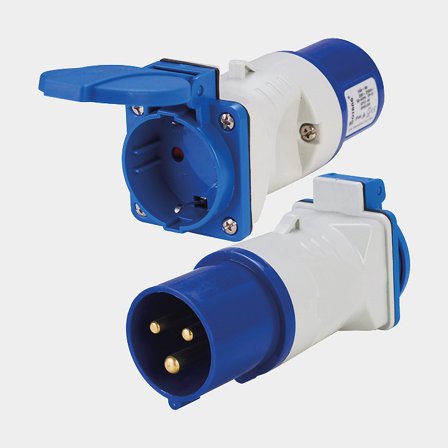 Adapter do zasilania z lądu, 220 V, z CEE (męski) na Schuko (żeński), z pokrywą chroniącą przed rozpryskami - Jachtowa