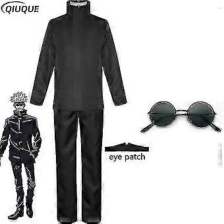 2023-anime Jujutsu Kaisen Gojo Satoru Cosplay Kostume Toppe Bukser Øjenlap Halloween Fest Mænd Uniform Parykker-1-1(XL Sort Pakke 2)