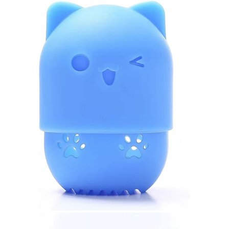 Svamp til foundation Silikone Rejseetui Skønhedsblenderholder Vaskbar Genanvendelig Katteformet Kosmetiksvampholder (Blå)