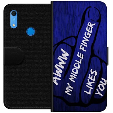 Kompatibelt Lommeboketui til Huawei Y6s (2019) Mørk typografisk illustrasjon med hjerteform og budskap om vennskap mot dyp blå tretekstur