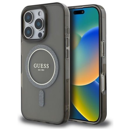Guess IML Glitter Circle MagSafe -kotelo iPhone 16 Pro Maxille - musta
