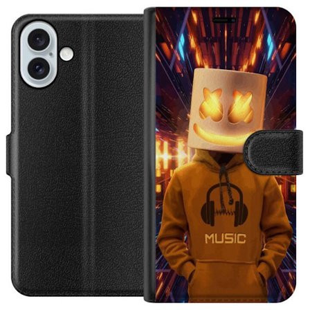 Yhteensopiva Lompakkokotelo Apple Apple iPhone 16 Plus DJ-hahmo valaisevassa kypärässä ja hupparissa futuristisessa musiikkiympäristössä neonval