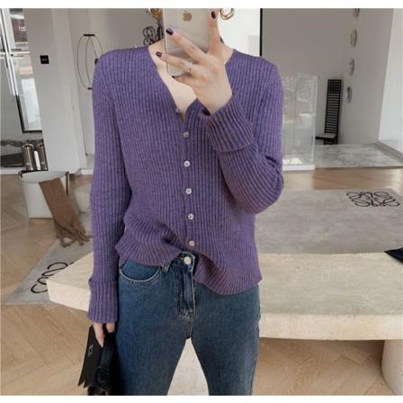 Kvinder Strik Efterår Vinter Sweater Strikket Cardigan Sunken Stripe Ydre Casual Ensfarvet Frakke Purple 56*55*36cm