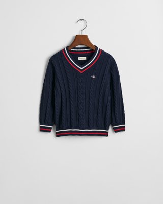 GANT - Stripete kabelstrikket genser med V-hals evening blue