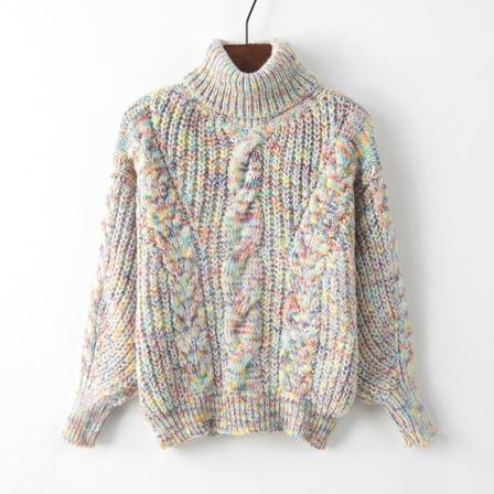 Dam tröja med lång ärm, stickad kabelhög krage enfärgad lös pullover tröja toppar, vit