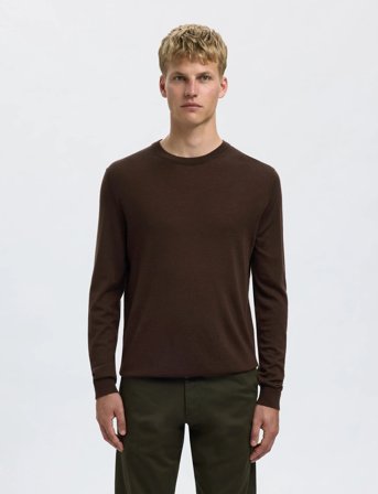 Selected Slhtray Ls Knit Merino Crew Neck Noos - Brown - XL