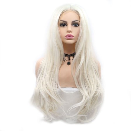 Hvit menneskehårparykk med langt hår, krøllete frisyre, motstandsdyktig