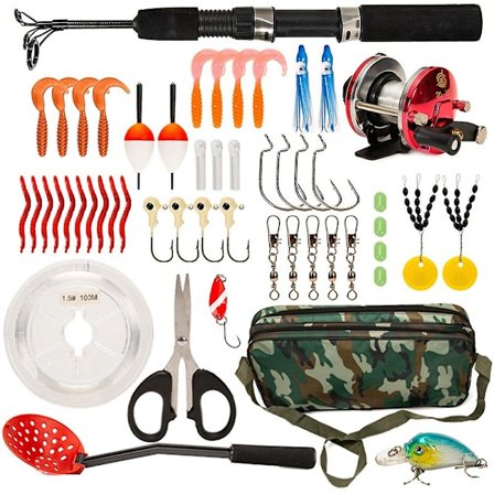 52 osainen pilkkisetti, pilkkivapa ja kela -yhdistelmä pilkkikauhalla ja pilkkikoukulla