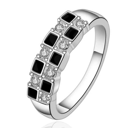 Silver Ring - Svarta Fyrkanter & Vita Cz Kristaller - Stl 18,2 Silver