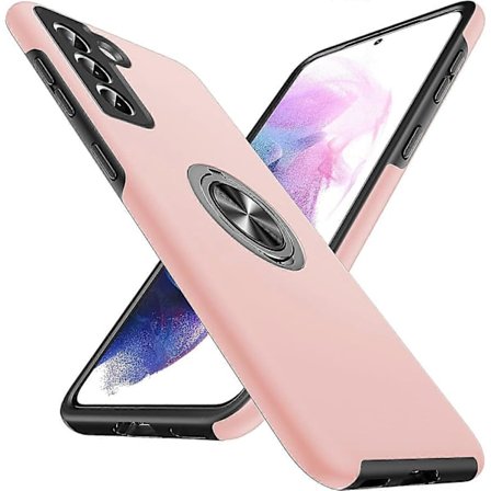 Serie Galaxy S21 Skal 5G, [Värmeavledning] [Fällbar Stativ som Inte Fallar Av] 360 Metallring, Militärt Slitstarkt Skyddande Telefonfodral, Rosa