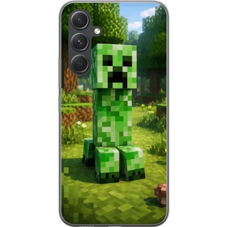 Kompatibelt Mobilskal till Samsung Samsung Galaxy S24 FE Block-baserad Creeper-figur i en grön pixell värld, ikonisk spelillustration för barnrum,
