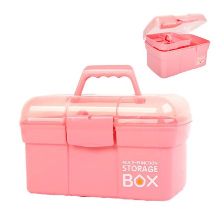 Opbevaringsboks med aftagelig bakke og låg, multifunktionel beholder lille plastik kunst opbevaringsboks med rum, håndværkskasse (pink)