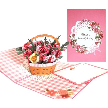 3D Pop Up Rose Blomsterkurv Kort, Bursdagskort for Kjæreste, Kone eller Mor, Valentinsdag, Morsdag, Pop-up Hilsenskort med en Bukett