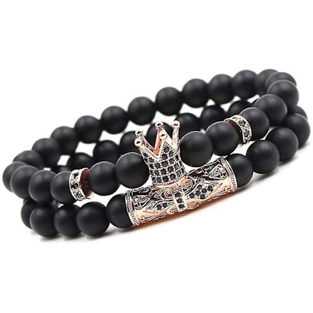 Sorte Matte Perle Armbånd 8mm Onyx Sten Armbåndssæt Charm Kongekrone